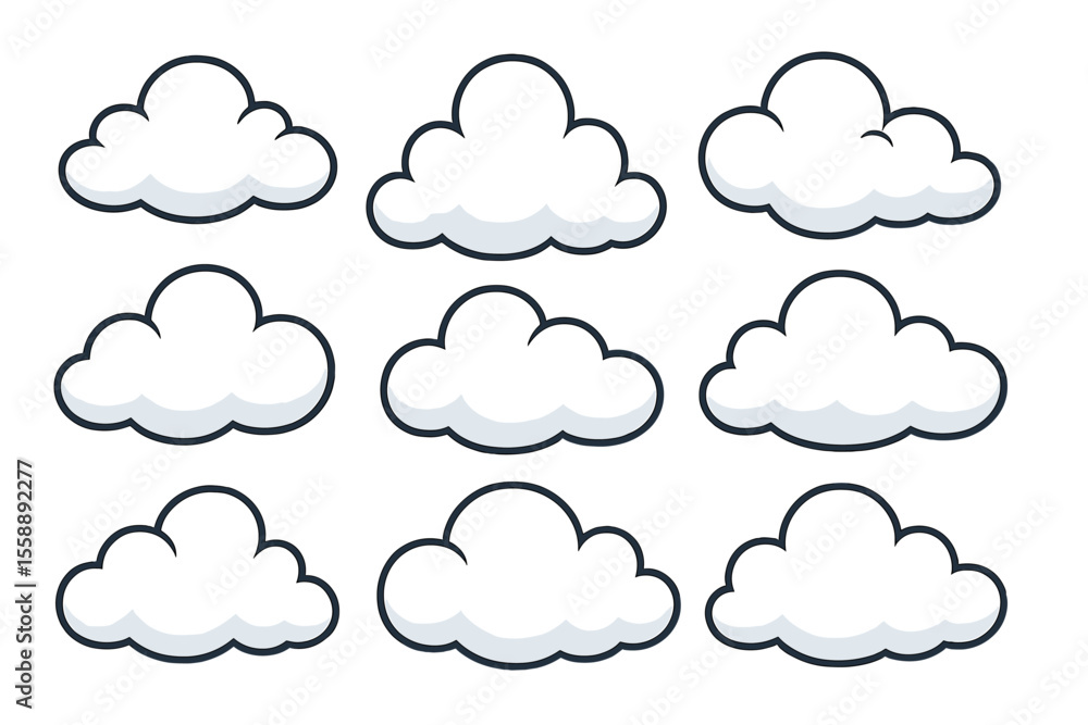 Poster different types of fluffy clouds in a clear sky illustration on a simple background