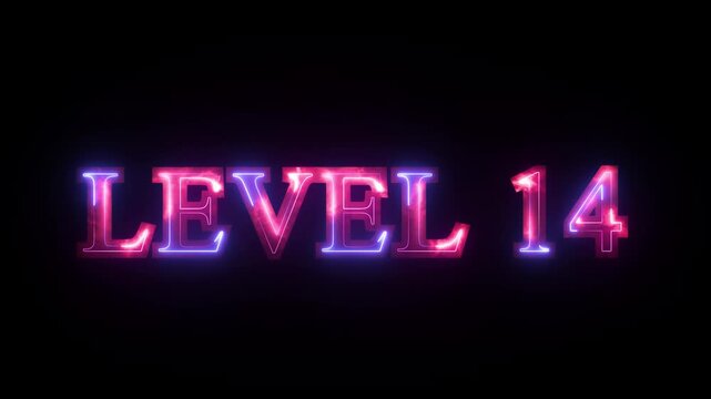 Neon Level 1 4 text font animation.  Letters spelling out level Up appear screen display animation. Level Up neon sign text animation.