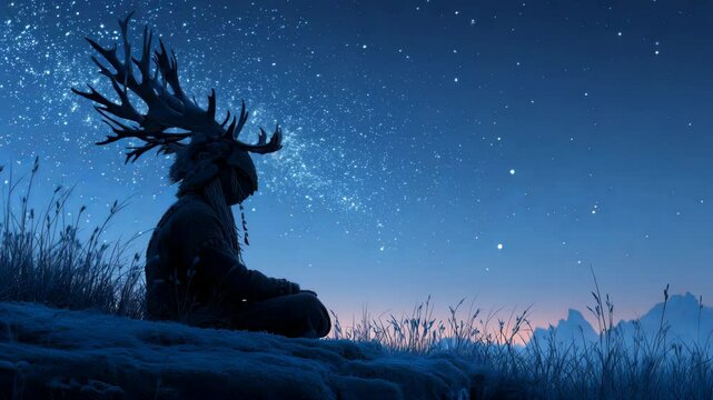 Silhouetted figure in antlers and cloak sits in frosty grass beneath a star-filled sky, symbolizing mystical Scandi Yule ritual. High quality 4k footage