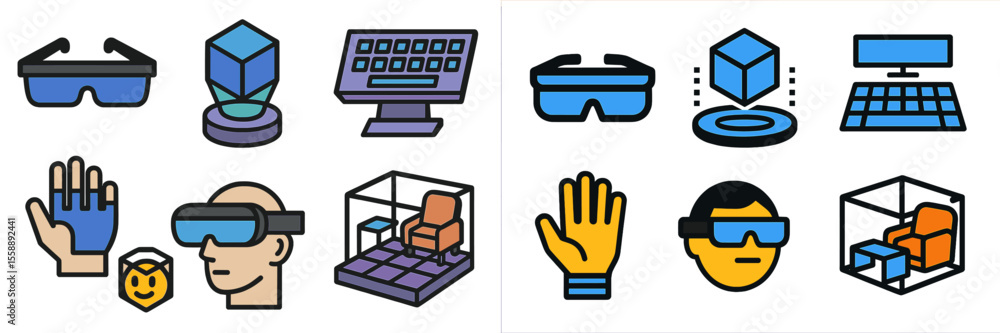 Poster icons representing virtual reality concepts including devices, environments, and user interactions w