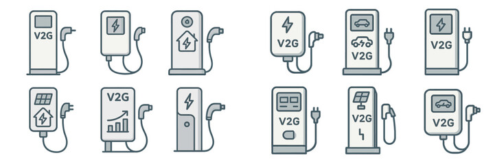 Different types of vehicle-to-grid charging stations in a modern design layout