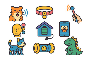 Innovative pet gadgets showcased with playful animal icons and a tech-friendly theme in a vibrant design