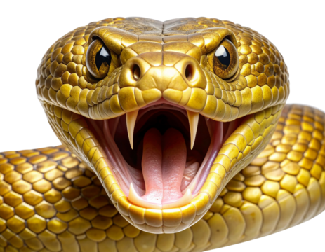 Close-Up of Fierce Golden Snake Head with Glowing Eyes and Open Jaws, isolated on transparent background PNG