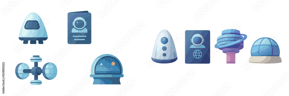 Poster explore space with various futuristic spacecraft and astronaut-related items designed in a sleek, mo
