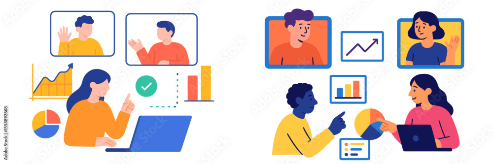 Poster engaging online collaboration in a workspace with multiple displays and graphs explaining projects
