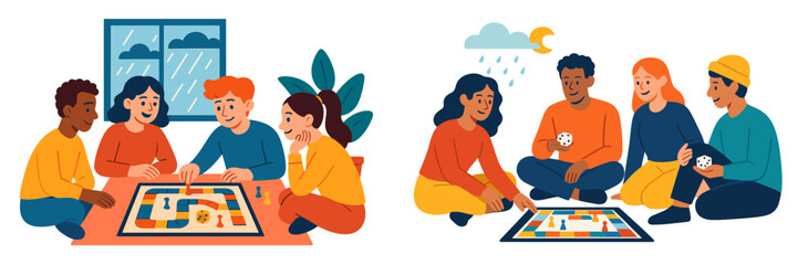 Friends enjoying board games together indoors during a rainy afternoon in a cozy setting