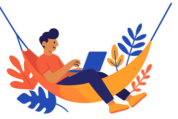 Person working on laptop while relaxing in hammock surrounded by greenery