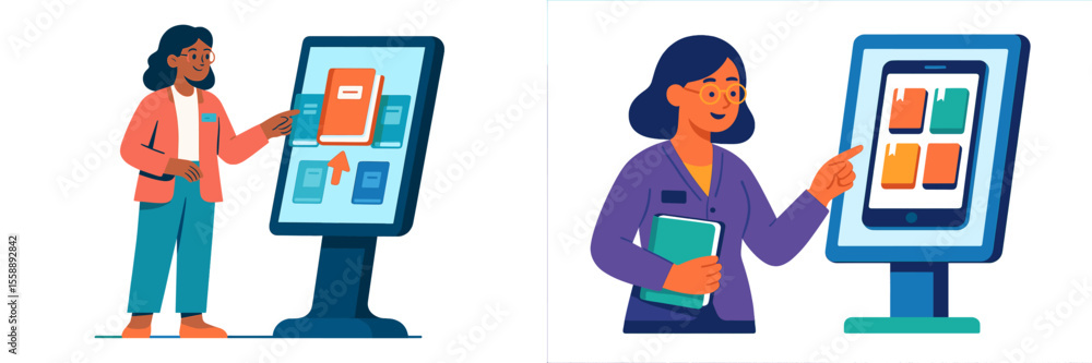 Poster interactive digital displays in a modern educational setting showcasing technology use during learni