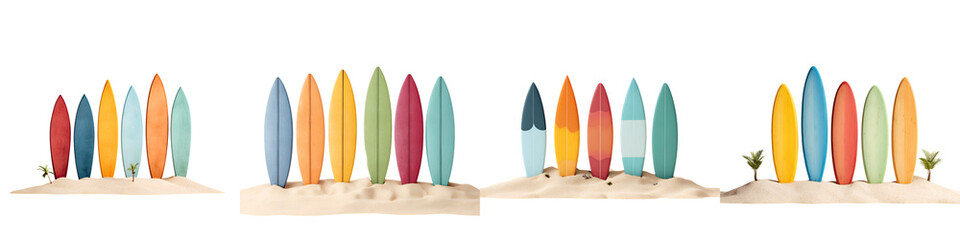 Colorful Surfboard Collection on Beach Sand - Summer Vacation Theme Isolated on White