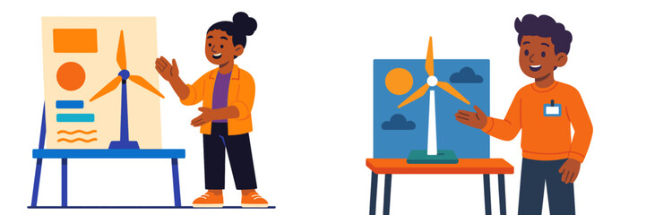 Students present renewable energy projects during a school science fair showcasing wind power technology and environmental awareness