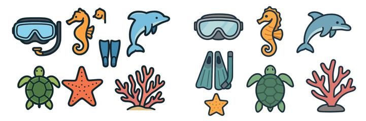 Colorful marine life illustration featuring snorkeling gear and ocean creatures in a playful arrangement