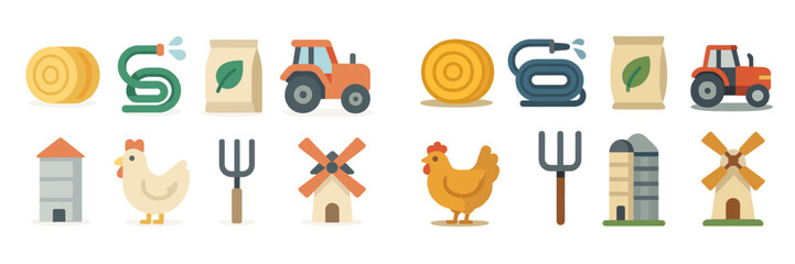 Farm equipment and animal characters in a colorful agricultural setting showcasing rural life and farming activities