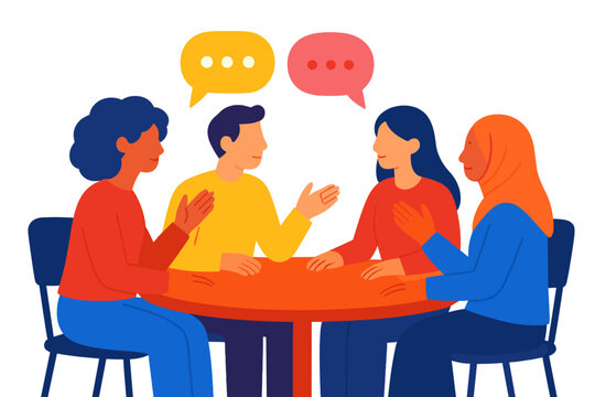 Group discussion among four diverse individuals at a round table in a casual setting during daylight