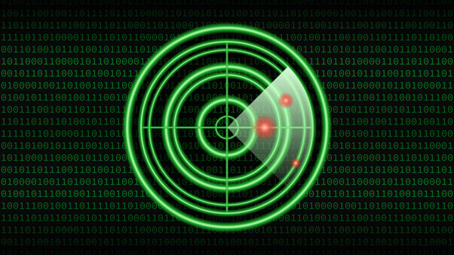 Futuristic Green Radar Screen Scanning Virus. Glowing Digital Interface with Tech HUD Elements and Cybersecurity Display Vector Illustration.