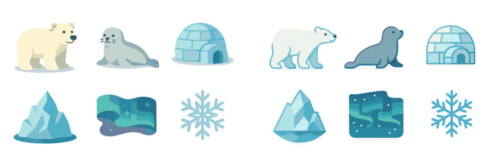 Polar wildlife and icy landscapes featuring seals, polar bears, and igloos in a winter setting