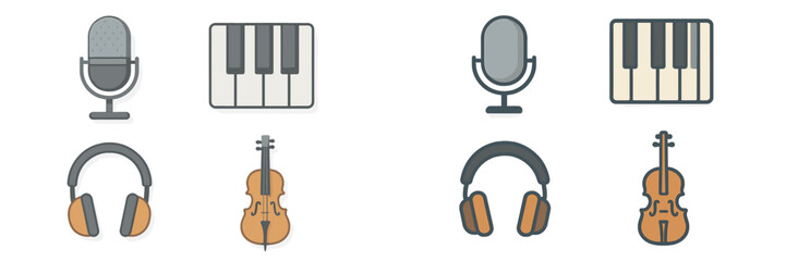 Music icons represent various instruments and audio equipment used in creative assemblies for recordings or performances