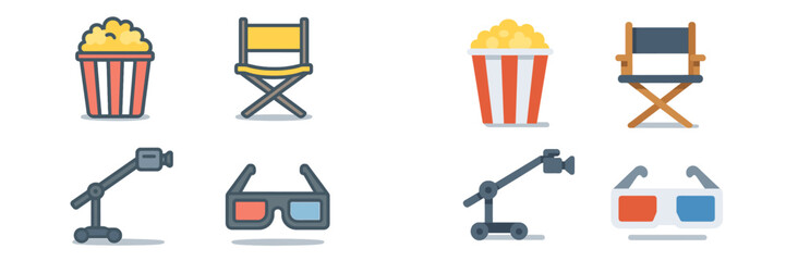 Collection of movie-themed icons featuring popcorn, director chairs, and 3D glasses for entertainment designs