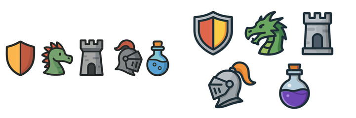 Colorful fantasy game icons representing armor, creatures, and potions for adventure and battle quests