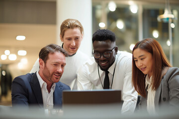 Diverse business team collaborating around a laptop in a modern office