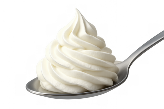 Creamy whipped cream swirling on silver spoon, floating against transparent backdrop, highlighting culinary elegance