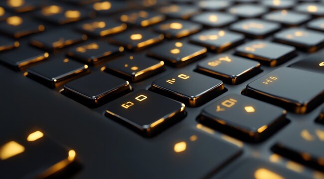 Black Keyboard with Glowing Orange Keys Macro Close Up Technology Background