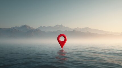 Red Location Pin Floating on Calm Water with Mountains in the Background During Serene Sunrise