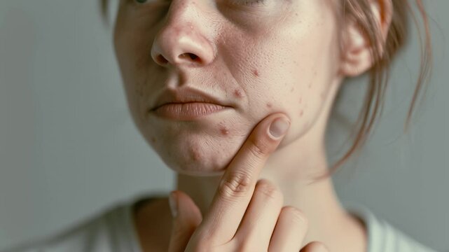 Woman examining skin with acne blemishes in mirror