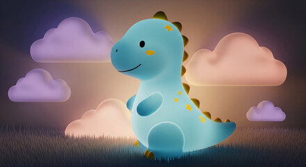 Cute blue dinosaur in grassy field, against pastel clouds at sunset, creating a whimsical, childlike scene suitable for children's products or bedtime stories