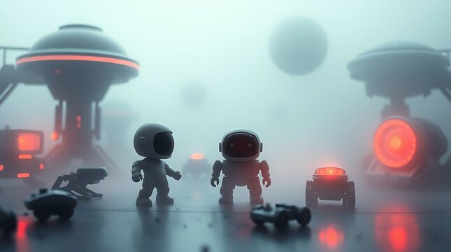 Miniature robots exploring a foggy alien landscape