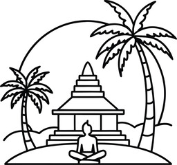 Asian Temple with Palm Trees in Circle