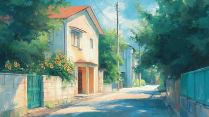 静かな住宅街の夏の風景イラスト_1