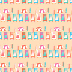 Seaside beach vacation vector seamless pattern. Colorful striped parasols, sun loungers in a row on beige sand background. Fun playful coastal holidays repeat design. Summer sunny island resort tile