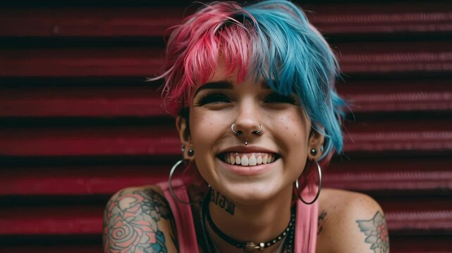 Young woman with colorful hair expressing different emotions