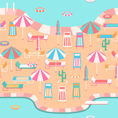 Poolside vacation scene seamless pattern. Large pool with diving board, swim rings, colorful parasols, lounge chairs, striped retro deck chairs. Modern fun summer repeat design. Relaxation, leisure