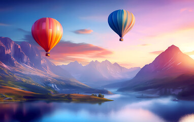 Fototapeta premium Colorful Hot Air Balloons Over Scenic Mountains at Sunset.