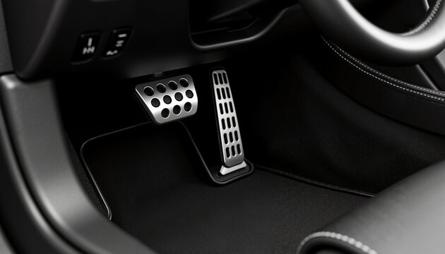 Car brake pedal pressed in modern vehicle interior with black detailing  