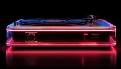 Naklejka premium Futuristic Neon Illuminated Record Player Displayed Against a Black Background