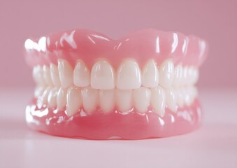 Obraz premium A complete denture set displayed against a soft pink background in a professional studio