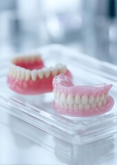Detailed view of dentures placed in a clear case, a medical instrument for dental health