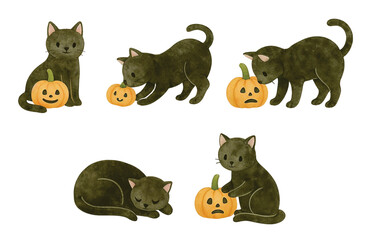 Obraz premium Halloween Black Cat Poses with Pumpkins – Cute Watercolor Illustration 