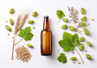 Beer bottle with ingredients: hops, barley, and wheat arranged on a white background