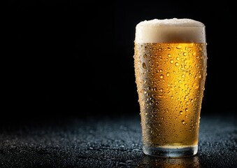 Chilled Beer Pint on a Dark Background, Featuring Condensation and Frothy Head