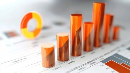A financial graph with orange and yellow bars and a circular graph in the background.