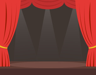 Empty stage with opened red curtains in flat style. Theater stage concept. Vector stock