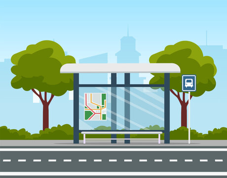 Empty bus stop with sky background. Bus stop public transport in flat style. Vector stock