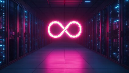 A futuristic, digital illustration of two glowing infinity symbols at the center of an advanced data laboratory with high-tech equipment and server cabinets.
