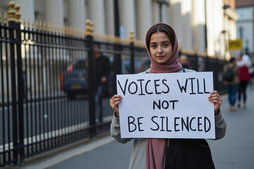 Close-Up Portrait of Hijabi British Woman at Peaceful Protest – Freedom of Speech Theme "Voices will not be Silenced" Banner