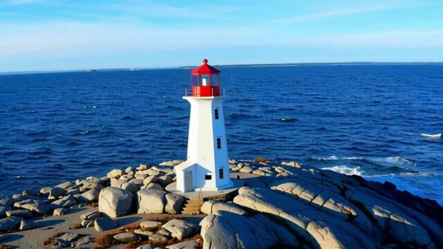 Majestic drone view of a lighthouse perched on a rocky coast, surrounded by calm sea. Lighthouse Peggy's Cove, Nova Scotia, Canada - February 19th, 2021