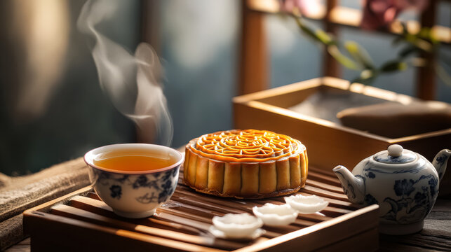 Teapot with steam coming out of it and a small pastry on a tray