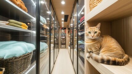Cozy Cat in Modern Storage Room with Shelves and Soft Textiles